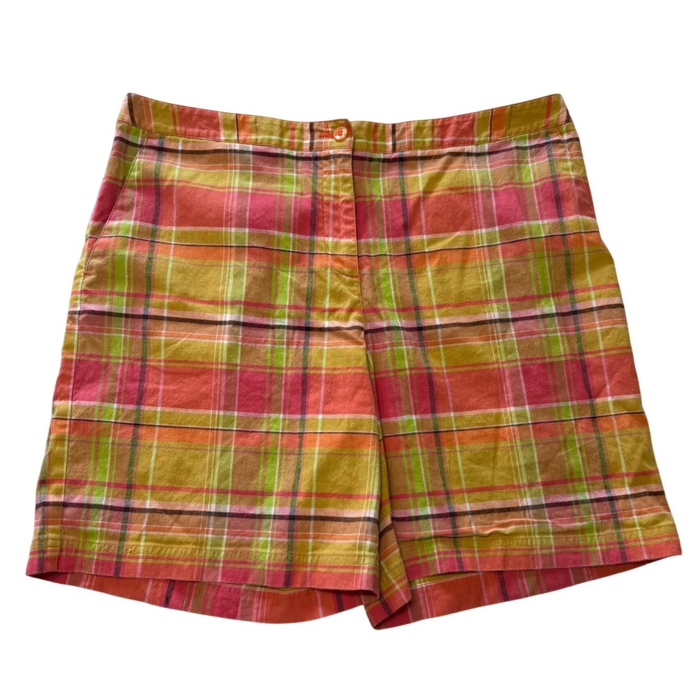Lizgolf Liz Claiborne Women 14 Plaid Linen Blend Shorts Pink Orange Green Yellow